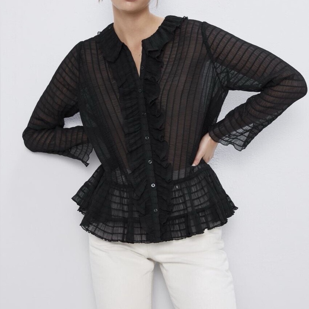 Women’s Zara NWT Ruffled Textured Sheer Long Sleeve Button Front Blouse Medium